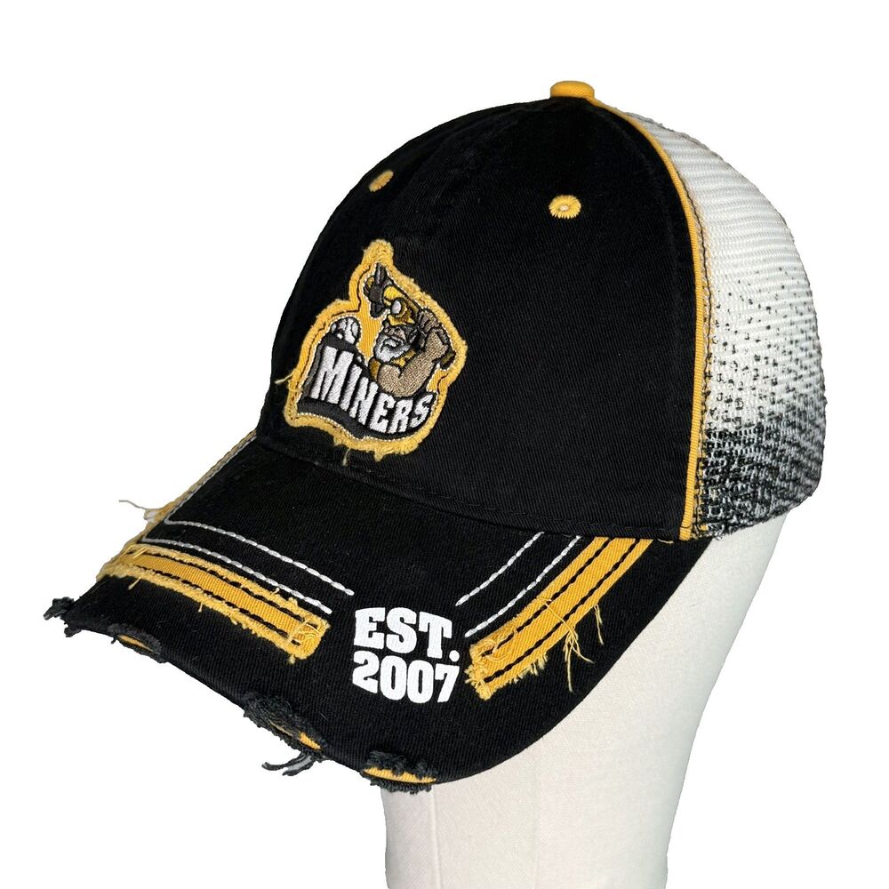 MINERS Trucker Cap America Hat Black Yellow Accents Distressed One Size Snapback